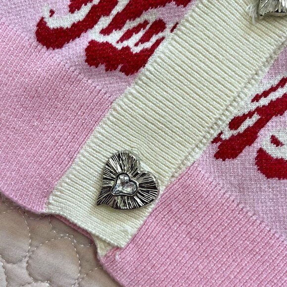 $399 NWT Karl Lagerfeld Women Pink Logo Cardigan Sweater Jacket Rhinestone Heart - Picture 3 of 14